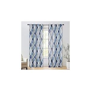 Beauoop Lot de 2 Rideaux Semi-Transparents à Motif géométrique quadrilobe à œillets avec imprimé à Carreaux marocains pour Salon, Cuisine, 127 x 213 cm, Bleu/Gris