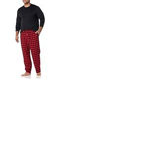 Amazon Essentials Ensemble de Pyjama en Flanelle Douce pour Homme (Disponible en Grandes Tailles Disponibles), Motif écossais Noir et Rouge, Taille S