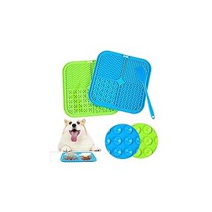 Romon Tapis de L&egrave;che Chien, 2Pcs 20x20cm Tapis L&eacute;cher pour Chien avec 1 Spatule Silicone, sans BPA Tapis de Lechage pour Chat avec Ventouse pour Bain, Entra&icirc;nement, Toilettage (Bleu+Vert)
