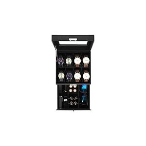 Uten Bo&icirc;te &agrave; Montres 8 Compartiments, 2 Niveaux Coffret &agrave; Montres en PU, Couvercle en Verre, Coffret de Rangement pour Montres, Coussinets Coton de Soie, Doublure Noire, Id&eacute;e Cadeau