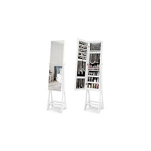 COSTWAY Armoire à bijoux, miroir sur pied, verrouillable, 2 en 1, avec rangement de bijoux, armoire de miroir avec 12 LED, autonome (blanc)