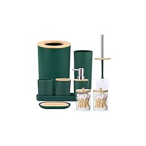 SLDIYWOW Lot de 9 Accessoires de Salle de Bain Vert foncé avec Poubelle, Plateau, Distributeur de Savon, Porte-Brosse à Dents, gobelet à Dents, Porte-Savon, Brosse WC et Supports Q-Tip pour Salle de