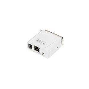 DIGITUS Serveur d'impression Fast Ethernet avec port parallèle, 1x RJ45, 1x DB-36 broches mâle, serveur d'impression, compatible DHCP, TCP/IP, installation simple, bloc d'alimentation inclus, blanc