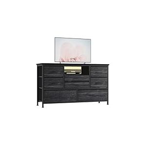 Baloveby Commode &agrave; 8 Tiroirs, Meuble TV avec Lumi&egrave;re LED, Station de Charge, Commode pour Chambre, Salon, Couloir avec Structure en M&eacute;tal, Plateau de Table en Bois, Noir/Gris