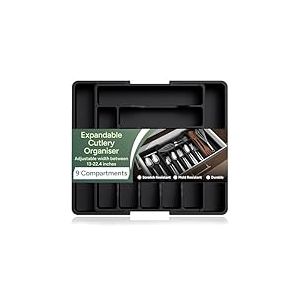 Zuvo Grand organiseur de tiroir extensible en plastique &ndash; Range-couverts noir pour ensemble d'ustensiles de cuisine &ndash; Parfait pour les tiroirs de rangement en plastique, grand tiroir &agrave; couverts