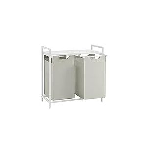 VASAGLE Panier &agrave; Linge 2 Compartiments, Corbeille &agrave; Linge Sale, 2 Sacs Amovibles en Tissu Oxford, &Eacute;tag&egrave;re, Cadre en M&eacute;tal, 2 x 46 L, 73 x 33 x 72 cm, Blanc Cr&egrave;me et Blanc Mat BLH201W01