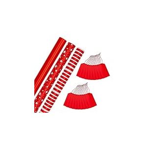 Hallmark Lot de 3 rouleaux de papier cadeau de Noël rouge et étiquette cadeau, 3 motifs avec 2 paquets de 10 étiquettes cadeaux rouges unies