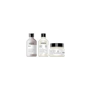 L’Oréal Professionnel, Routine Silver Anti-Métal pour Cheveux Gris à Blancs, Abîmés & Cassants, Shampoing Déjaunissant + Crème Lavante Anti-Métal + Masque Protecteur Anti-Dépôt