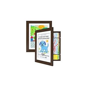 Americanflat Cadre Dessin Enfant &agrave; Changer A4 Noyer avec Passe-Partout et 25,5 x 32 cm sans Passe-Partout - Cadres avec Ouverture Frontale Pouvant Contenir 100 Pi&egrave;ces - Lot de 2