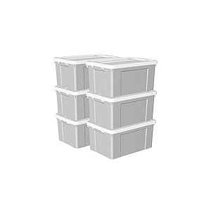 Cetomo 65L*6 Boîte de Rangement, Bac de rangement avec Poignée, Plastique Organisateur avec Couvercle, Empilable, Transportable, pour Vêtements, Bureau, Chambre, Dortoirs, Gris, 65L - Lot de 6