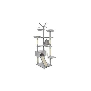 Meerveil Arbre à Chat, Arbre a Chat Geant Stable, Hauteur 210cm, avec Centre d'activités, 2 Plate-Formes, 2 Niches, 1 Planche à Griffer, 3 Pompons, 4 Griffoirs, Multi-Niveaux, Gris Clair
