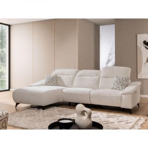 Canap&eacute; d'angle GAPPI avec fonction relax electrique et t&ecirc;ti&egrave;res r&eacute;glables tissu blanc cass&eacute; Blanc cass&eacute; Angle gauche
