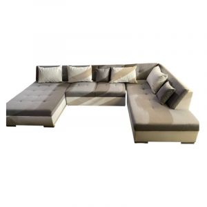 RECONDITIONNE - Canap&eacute; d'angle convertible OTISP26 en tissu gris clair et contour simili blanc