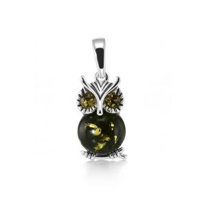 Pendentif chouette argent et ambre vert