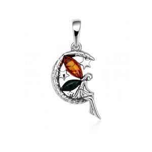 Pendentif argent et ambre fee sur la lune