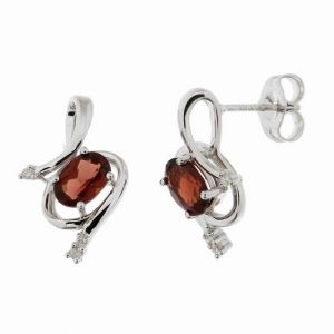 Boucles d oreilles Or Blanc 375 Grenat Ovale et Diamant