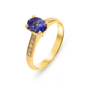Bague Or Jaune 750 Tanzanite ovale 7x5mm et diamants