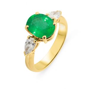 Bague Or Jaune 750 Emeraude ovale AAA 10x8mm et diamants poires