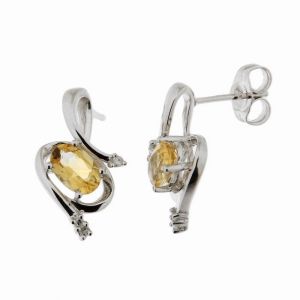 Boucles d oreilles Or Blanc 375 Citrine Ovale et Diamant
