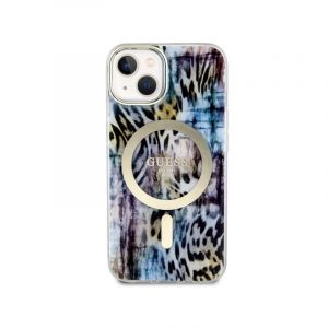 Guess - Coque Guess Leopard Magsafe - Couleur : Bleu - Modèle : iPhone 14