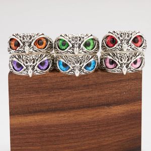 Bague hibou yeux bleus Vintage pour hommes et femmes, anneaux ouverts, couleur argent, fiançailles,
