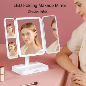 Miroir de maquillage LED à trois volets, 3 tons de lumières, miroir de vanité de bureau Compact et