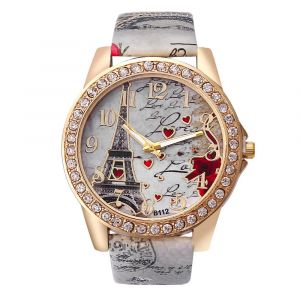 Montre à quartz en cuir PU pour femmes, tendance, tour Eiffel, strass