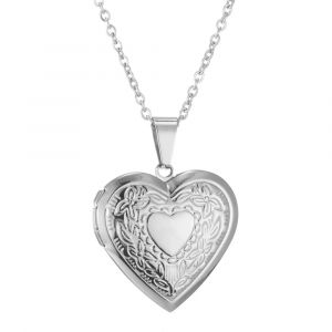 Pendentif médaillon en forme de cœur romantique, ouvrable, couleur argent, cadre Photo en acier
