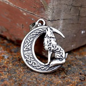 Pendentif animal loup et lune viking nordique Vintage pour hommes, collier en acier inoxydable,