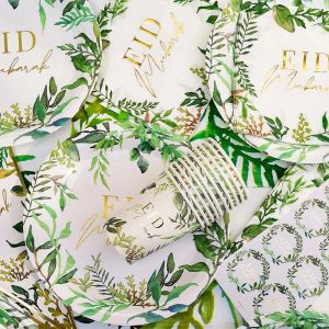 Vaisselle dor&eacute;e Eid Mubarak, assiettes &agrave; feuilles vertes, tasse, banni&egrave;re, ballon, d&eacute;coration du