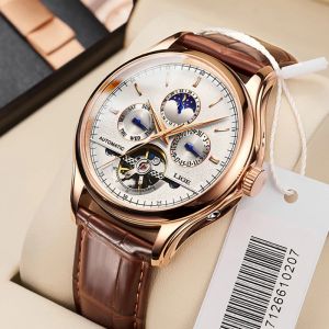 LIGE – montre mécanique automatique pour hommes, Tourbillon, horloge de Sport, en cuir,