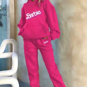 Sweat à capuche imprimé dessin animé Anime Barbie pour femmes, sweat-shirt Kawaii, pantalons de