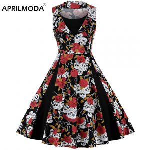 Robe Mi-Longue R&eacute;tro Vintage &agrave; Imprim&eacute; T&ecirc;te de Mort pour ixd'Halloween, Tenue de Vacances &agrave; Pois,
