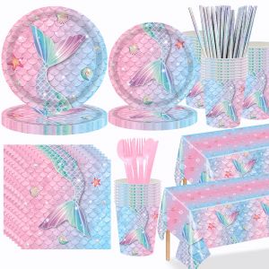 Vaisselle jetable de f&ecirc;te sir&egrave;ne, assiettes en papier queue de poisson d&eacute;grad&eacute;, serviettes,