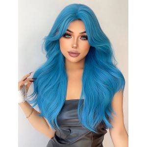 Perruques synthétiques de couleur bleu mer 28 pouces, perruque longue ondulée naturelle avec raie