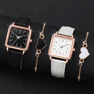 2 pi&egrave;ces/ensemble mode carr&eacute; montre pour femme Bracelet en cuir montres &agrave; Quartz coeur Bracelet
