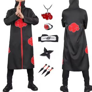 Anime Ninja Cosplay Costume, Uchiha Itachi Red Cloud Everak Robe, Everak Sauna Band Props, Vêtements