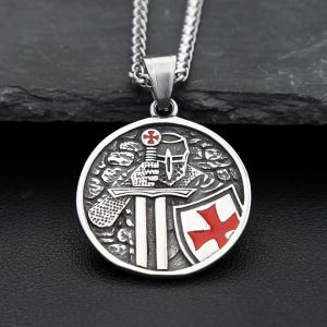 Vintage armure bouclier chevalier templier croix pendentif collier pour hommes en acier inoxydable