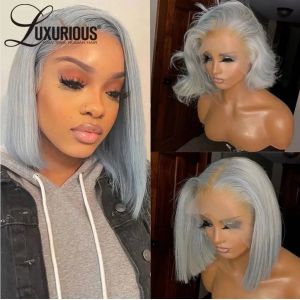 Perruque Bob Lace Frontal Wig Remy brésilienne lisse, cheveux luxueux, gris argenté, courte, 13x4,