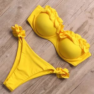 Bandeau Bikini Maillots De Bain Femmes Maillot De Bain Sexy String À Volants Ensemble Bikini Push Up