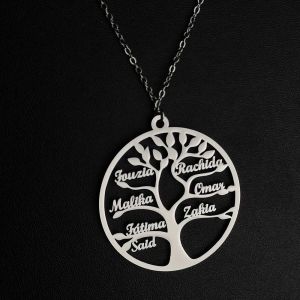 Collier arbre de vie personnalis&eacute; en acier inoxydable, 1 &agrave; 9 noms, pendentif arbre g&eacute;n&eacute;alogique,