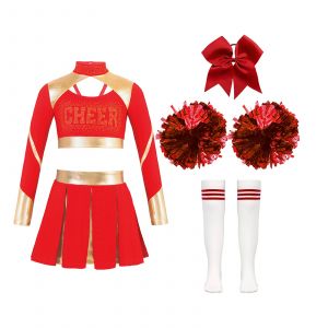 Tenue de pom-pom girl pour filles, haut court imprim&eacute; lettre, jupe pliss&eacute;e, n&oelig;ud papillon, v&ecirc;tements