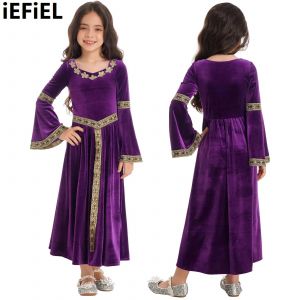 Robe de princesse médiévale en velours pour enfants, manches longues évasées, bande à motifs rétro,