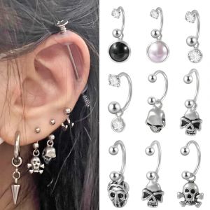 Boucles d'oreilles en acier chirurgical, Punk, crâne, fer à cheval, haltère, Cz, pendentif, oreille,
