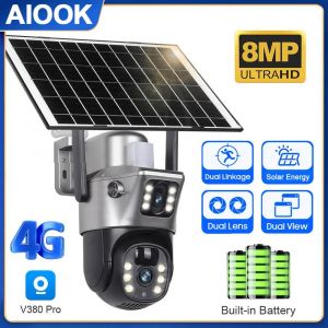 AIOOK V380 PRO 4G cam&eacute;ra solaire HD 8MP double objectif PTZ cam&eacute;ra ext&eacute;rieure &eacute;tanche IP CCTV