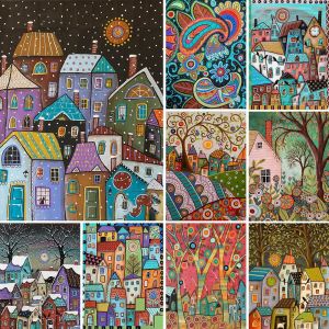 Meian paysage dessin animé maison toile imprimée point de croix Kit complet broderie artisanat