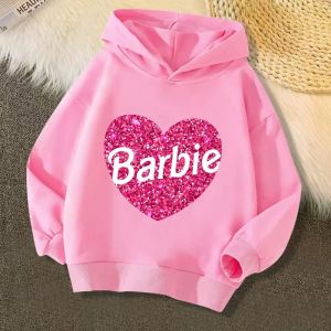 Sweat à capuche Barbie pour enfants, imprimé de dessin animé Disney, sweat-shirt à manches longues,
