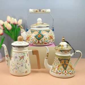 Cafetière et bouilloire en émail vintage pour cuisinière à induction, adaptées à un usage domestique