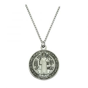 Collier classique avec pendentif m&eacute;daille de Saint beno&icirc;t pour femmes et hommes, en acier