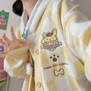 Sanrio Kawaii Kuromi MyMelody Cinnamoroll Purin Anime broderie pull tricot&eacute; damier doux filles